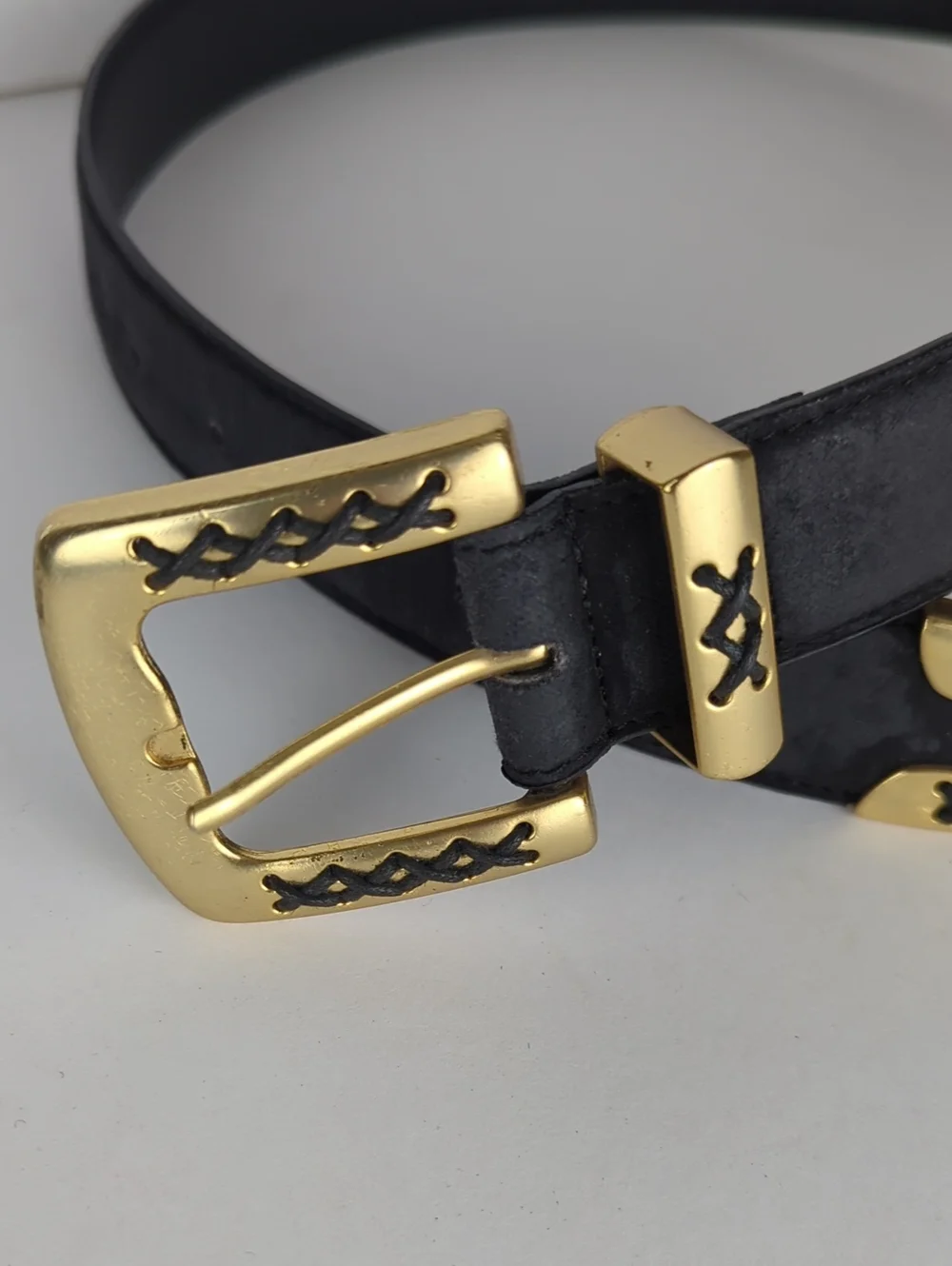 Women's Small Black & Gold Distressed Leather Stitched X Belt